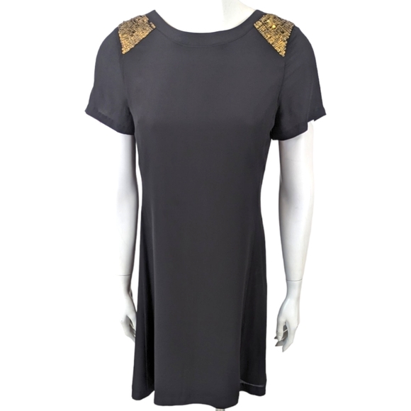Madewell Dresses & Skirts - Madewell Silk Sequin Mini Dress Womens 2 Black Gold Cocktail Party Short Sleeve